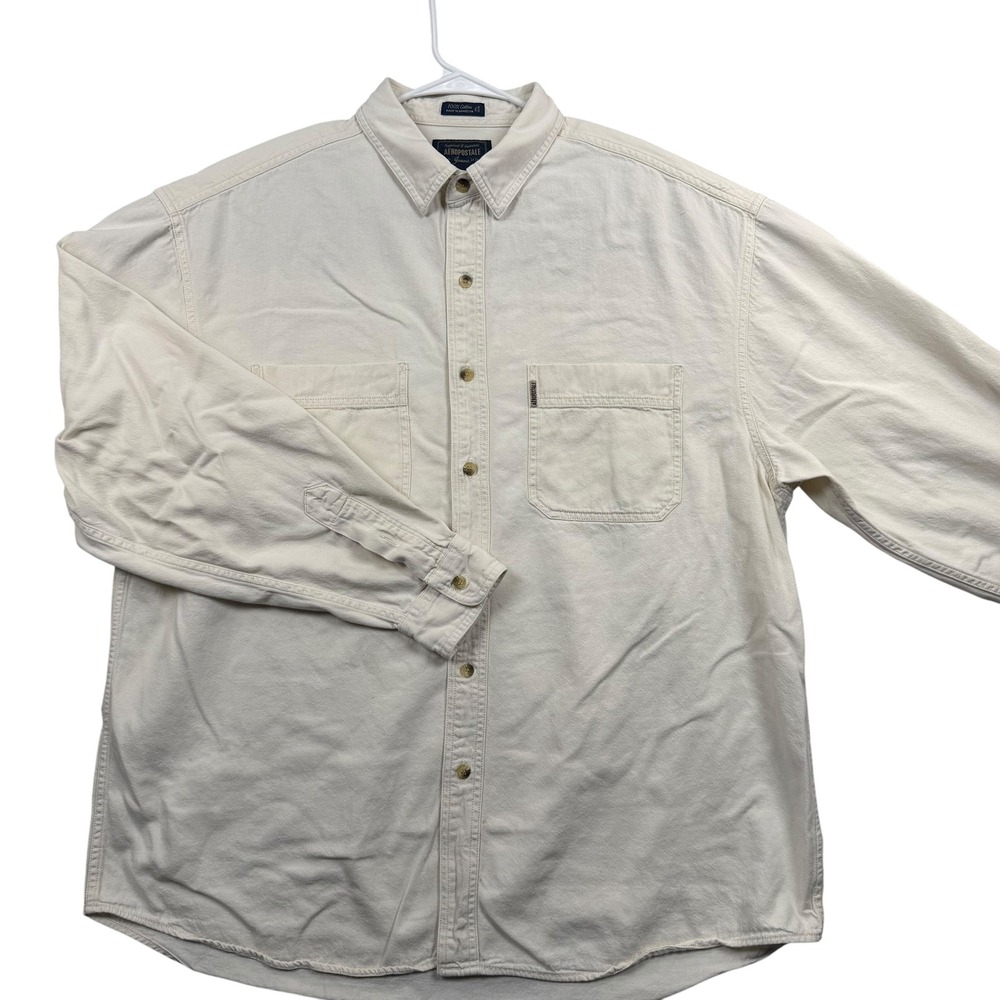 Aeropostale Button Down Shirt Mens XL Cream Cotton Denim Long Sleeve Pockets